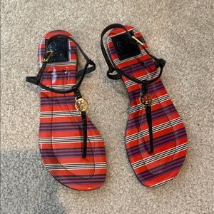 Tory Burch Red and Black Striped Sandals